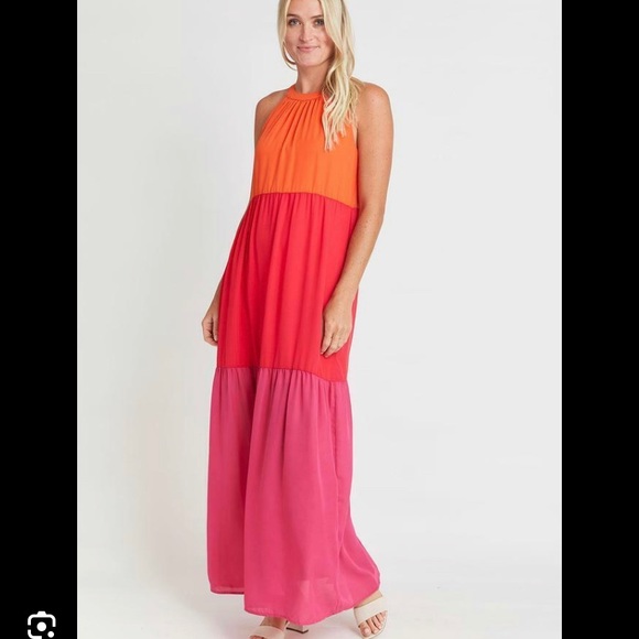 Andree Dresses & Skirts - Andree by Unit Colorblock Tiered Maxi Dress Women’s Size Large Orange and Pink